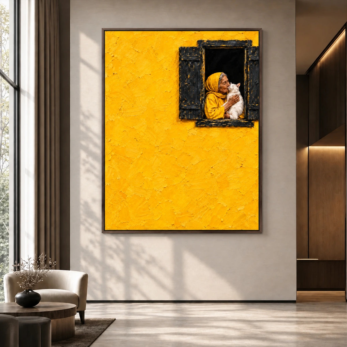 Golden Embrace artwork displayed above a woven bench near floor-to-ceiling windows.