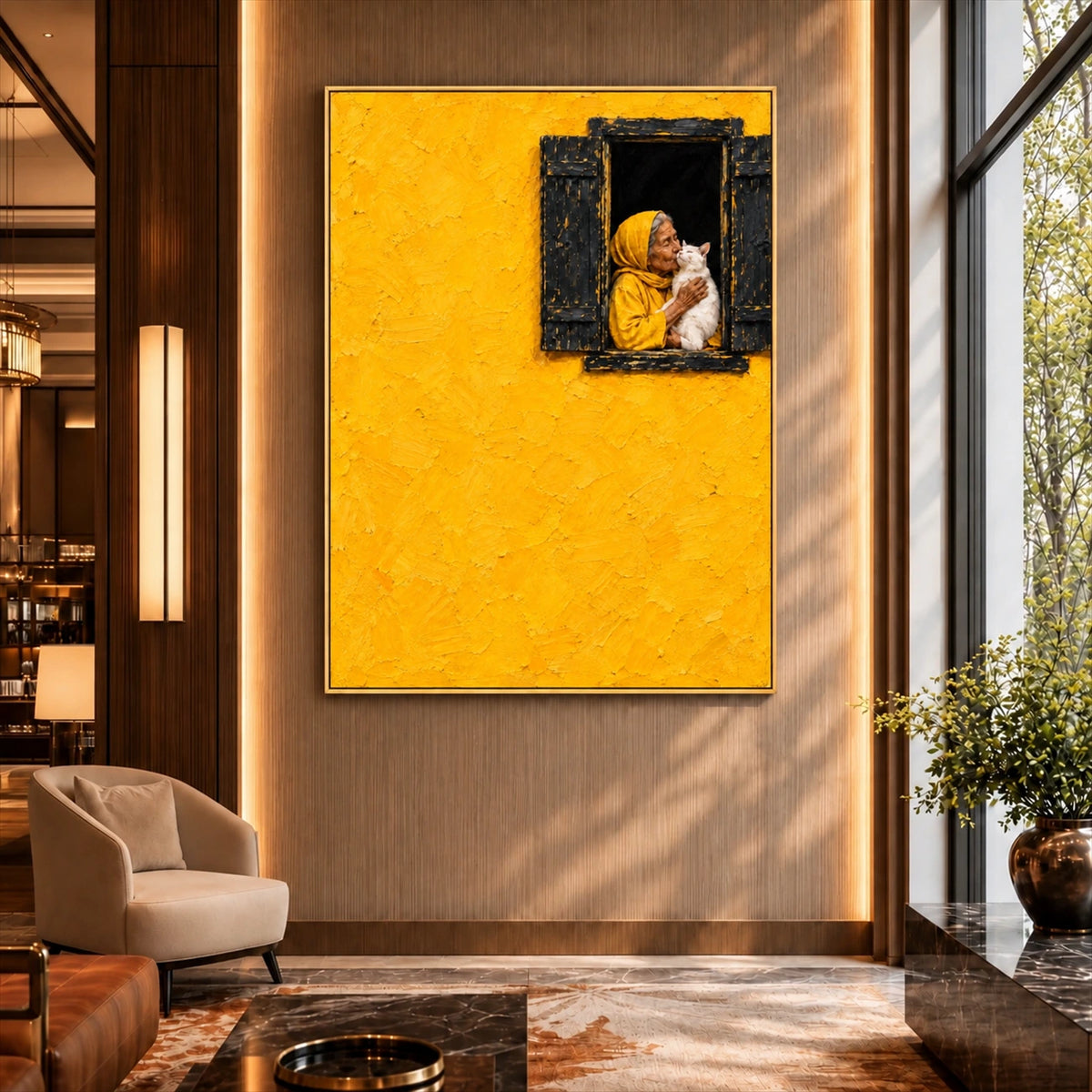 Golden Embrace artwork displayed on a tall warm wall overlooking lounge seating.