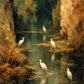 Heron Stillwater full artwork. White herons gather along a narrow green waterway beneath towering layers of ochre and deep woodland color.