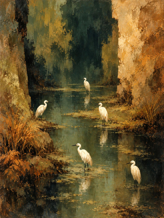 Heron Stillwater full artwork. White herons gather along a narrow green waterway beneath towering layers of ochre and deep woodland color.