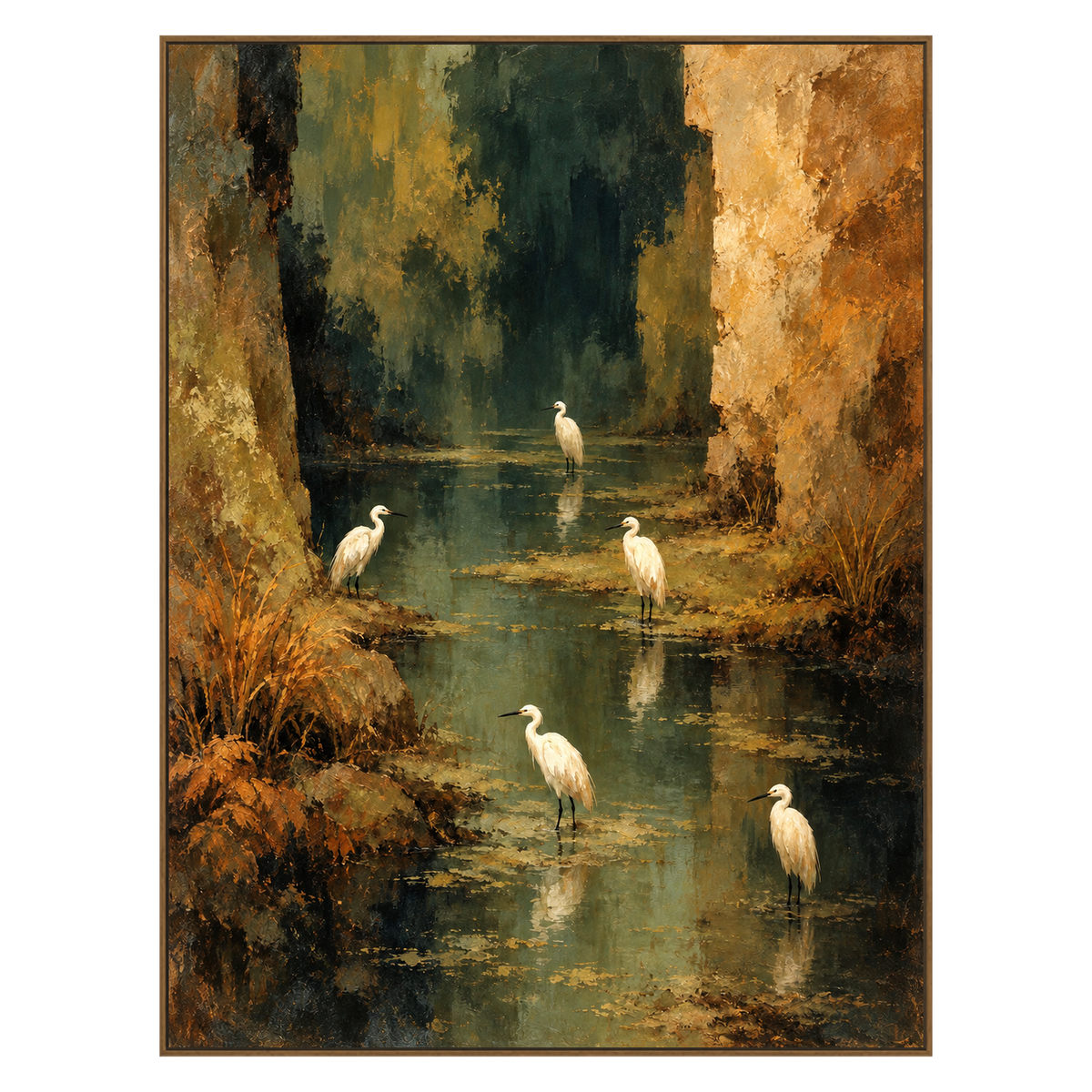 Heron Stillwater artwork in a natural wood frame on a transparent background.