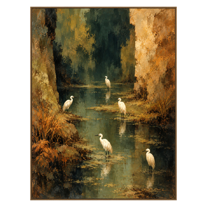 Heron Stillwater artwork in a natural wood frame on a transparent background.