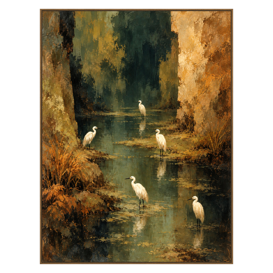 Heron Stillwater artwork in a natural wood frame on a transparent background.