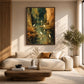 Heron Stillwater artwork displayed above a pale sofa near a sunlit window.