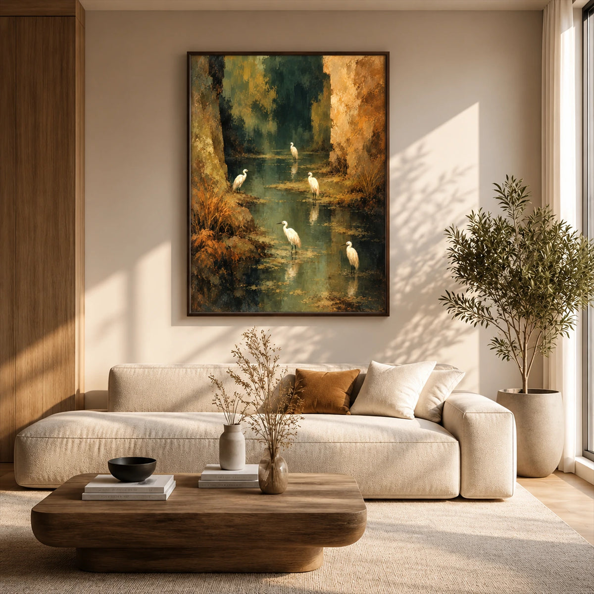 Heron Stillwater artwork displayed above a pale sofa near a sunlit window.