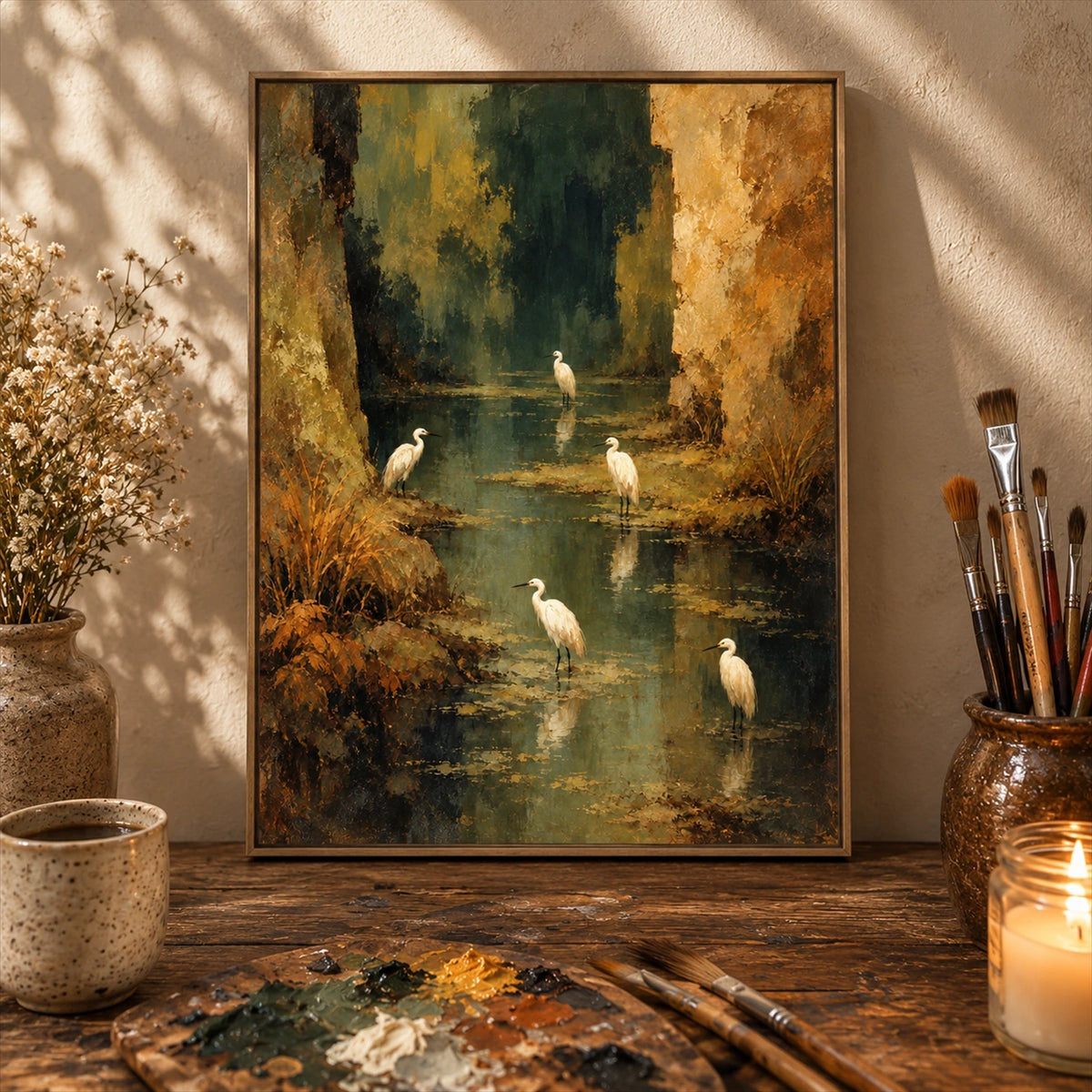 Heron Stillwater artwork displayed leaning beside a dark wall and decorative vessels.