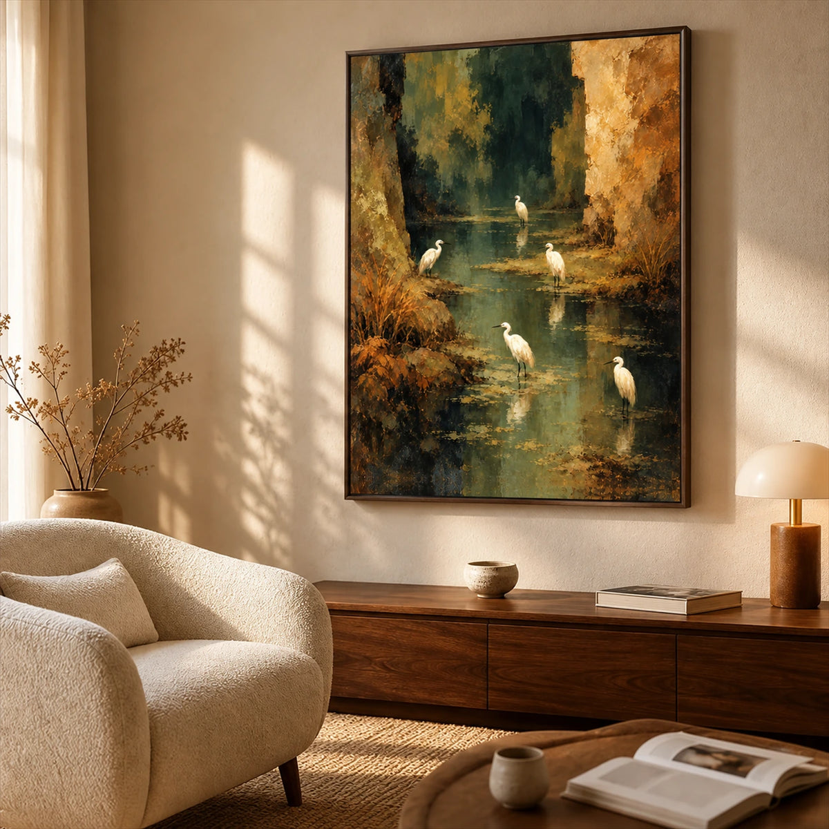 Heron Stillwater artwork displayed above a wooden console behind lounge seating.