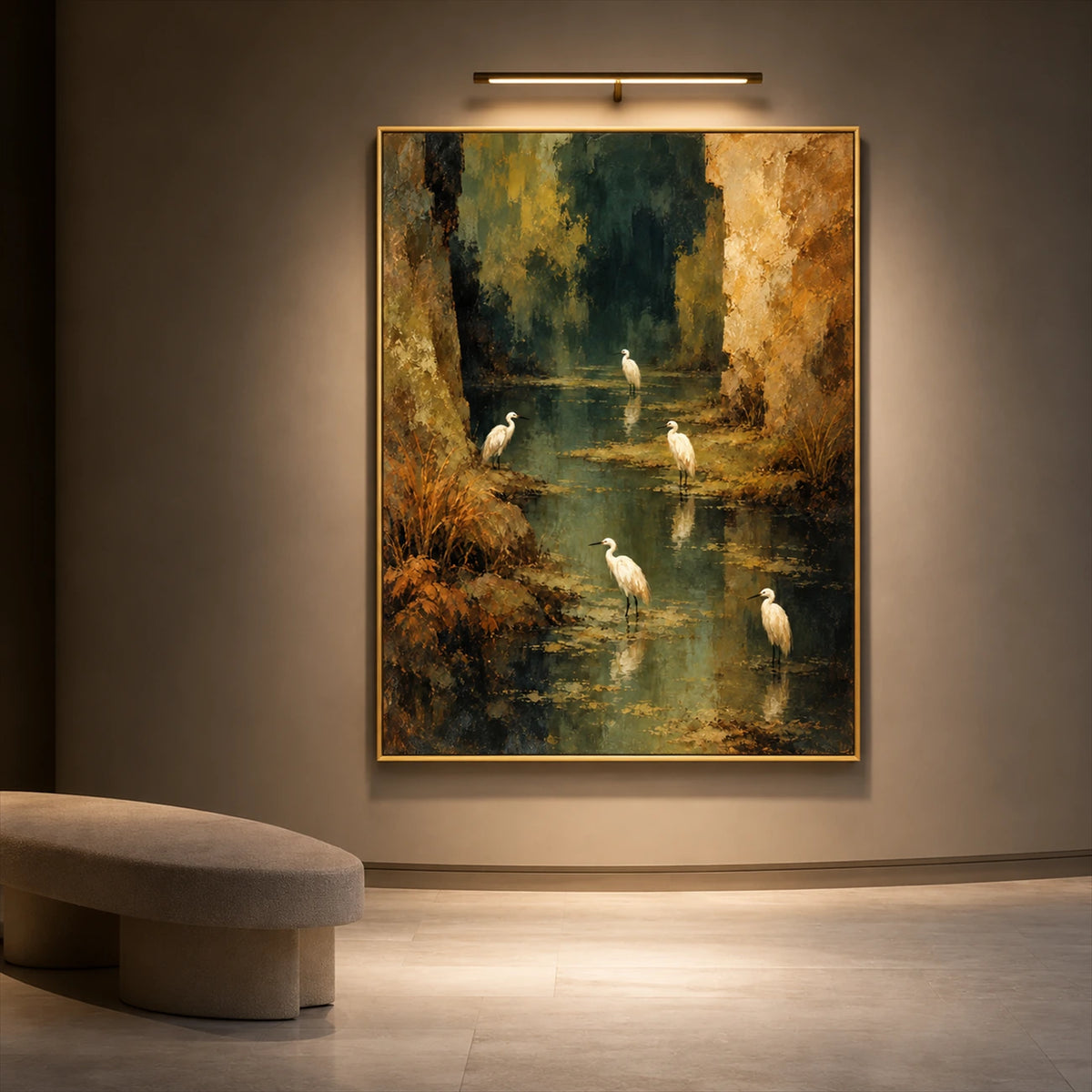 Heron Stillwater artwork displayed on a softly lit curved foyer wall.