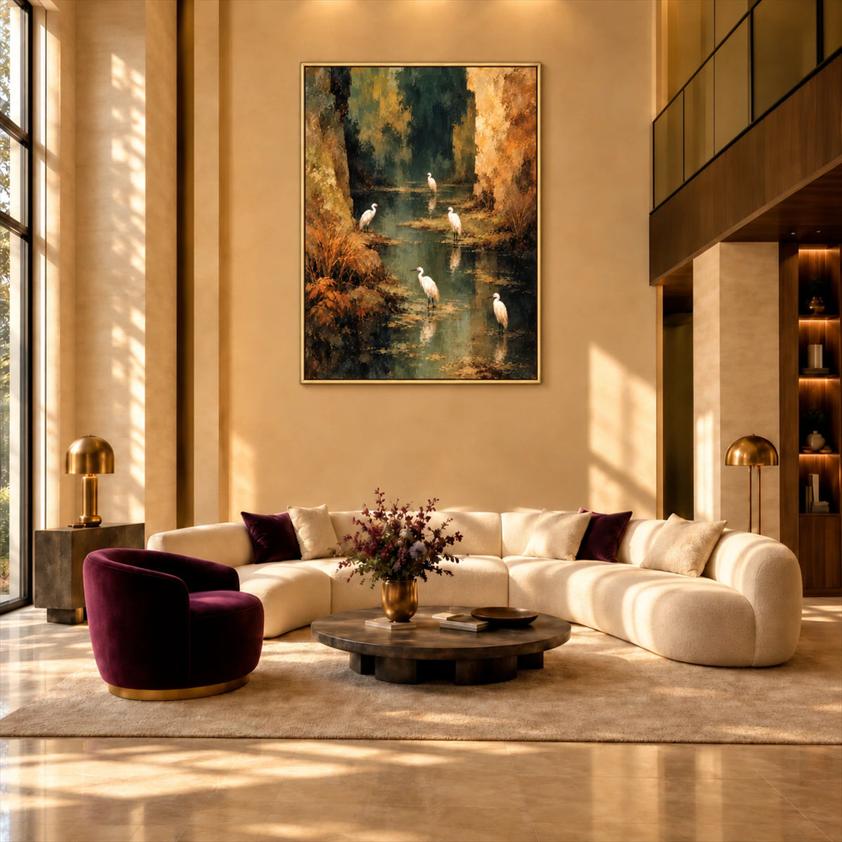 Heron Stillwater artwork displayed above a cream sofa in a double-height room.