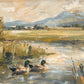 Meadow Mallards full artwork. Two ducks drift across a still pond bordered by reeds and distant fields.