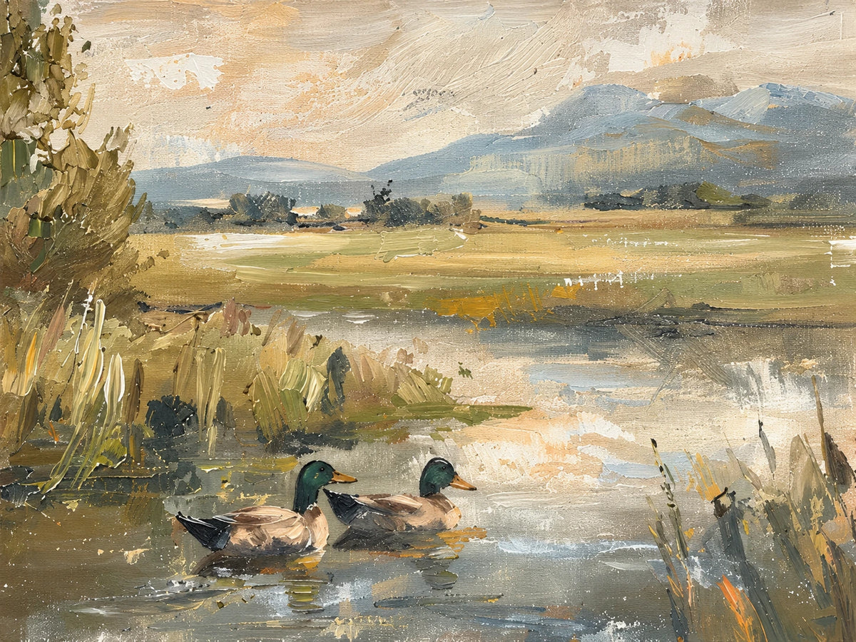 Meadow Mallards full artwork. Two ducks drift across a still pond bordered by reeds and distant fields.