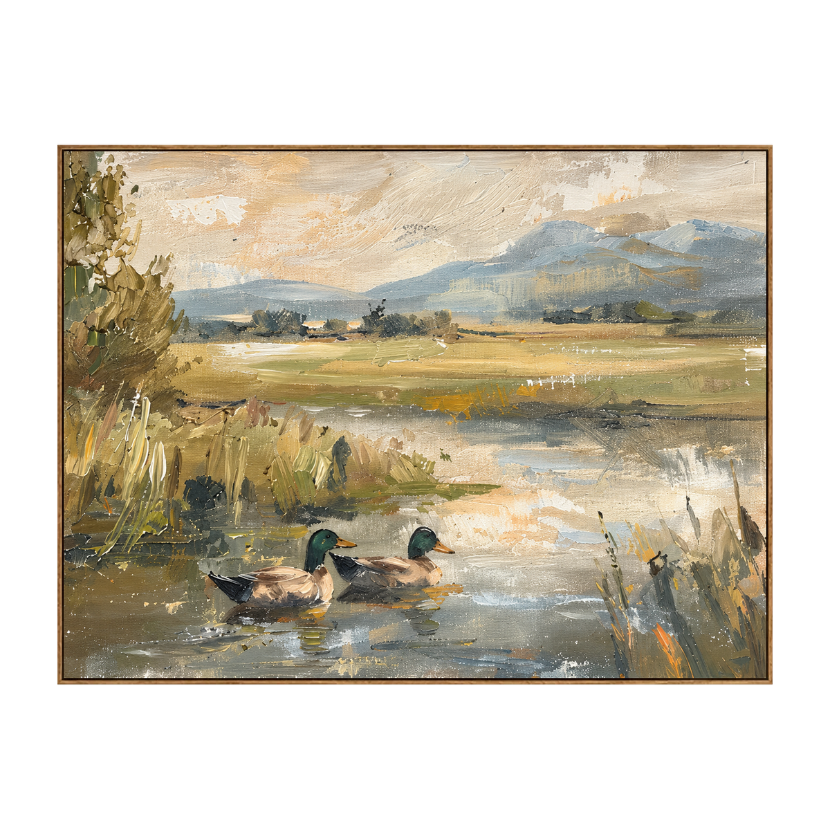 Meadow Mallards artwork in a natural wood frame on a transparent background.
