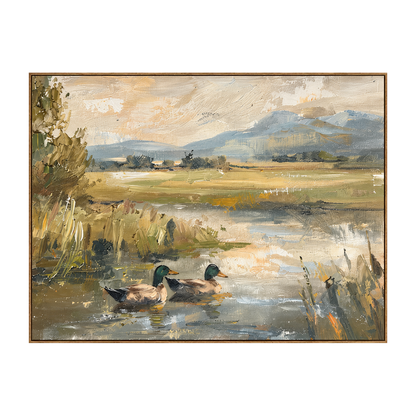 Meadow Mallards artwork in a natural wood frame on a transparent background.