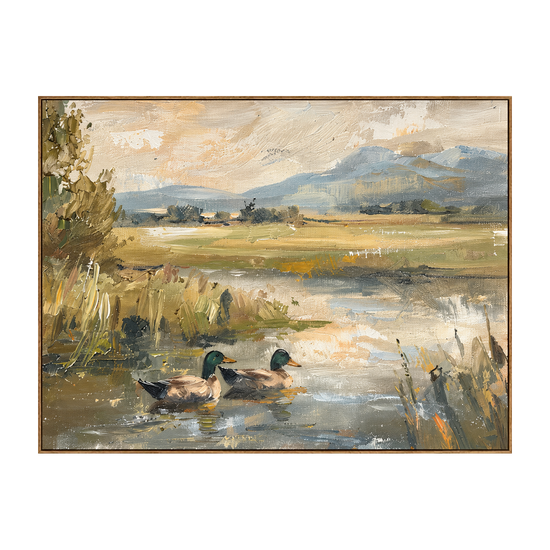 Meadow Mallards artwork in a natural wood frame on a transparent background.