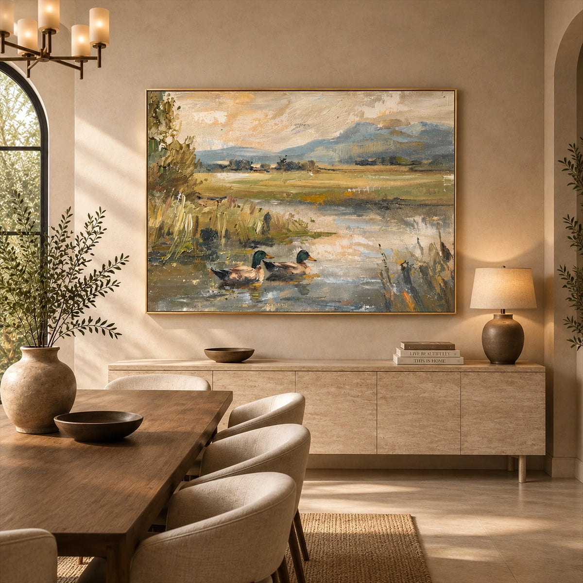 Meadow Mallards artwork displayed above a wooden dining table.