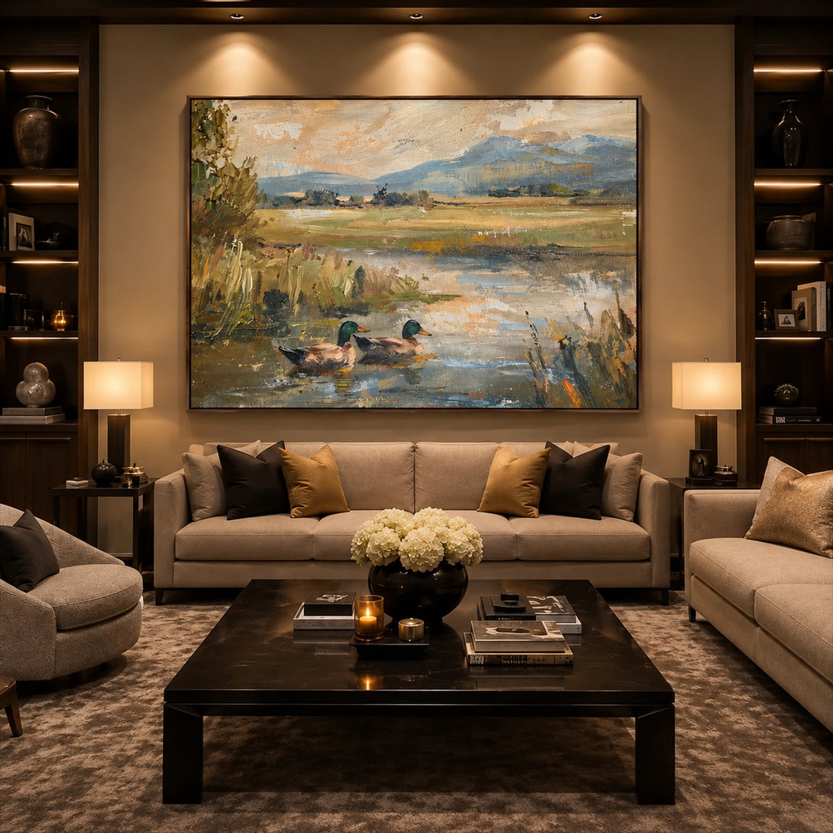 Meadow Mallards artwork displayed above seating in a dark lounge.
