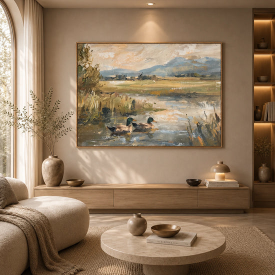 Meadow Mallards artwork displayed above a long low cabinet.