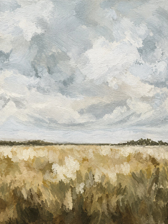 Cloudfield Stillness full artwork. Broad clouds gather over a pale golden field beneath an expansive blue-gray sky.