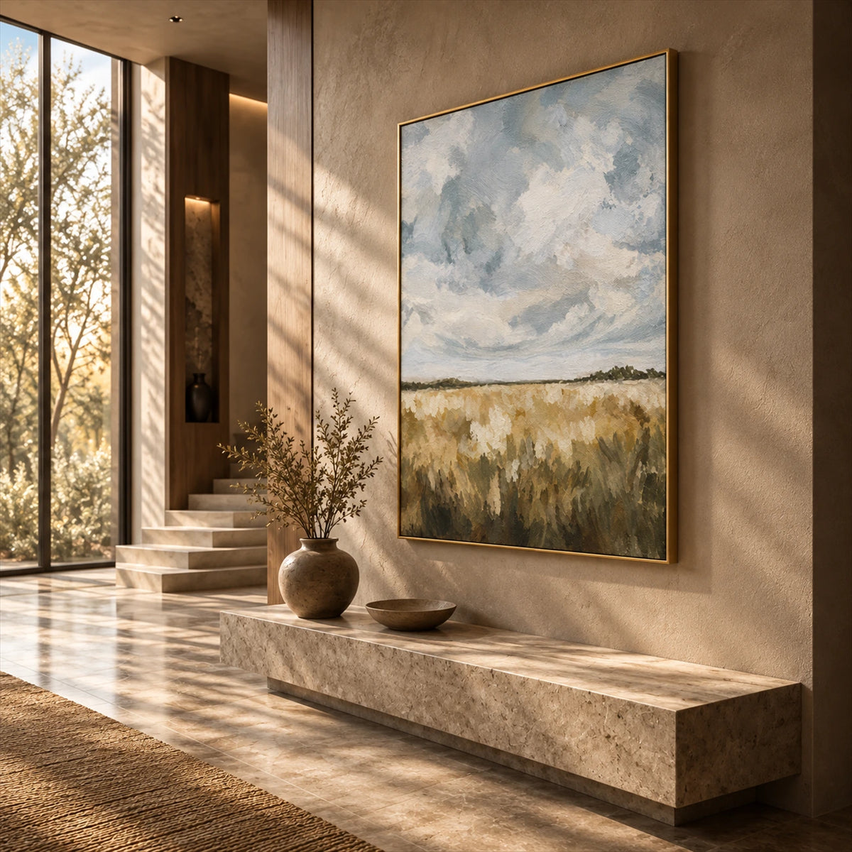 Cloudfield Stillness artwork displayed above a stone bench beside a tall window.