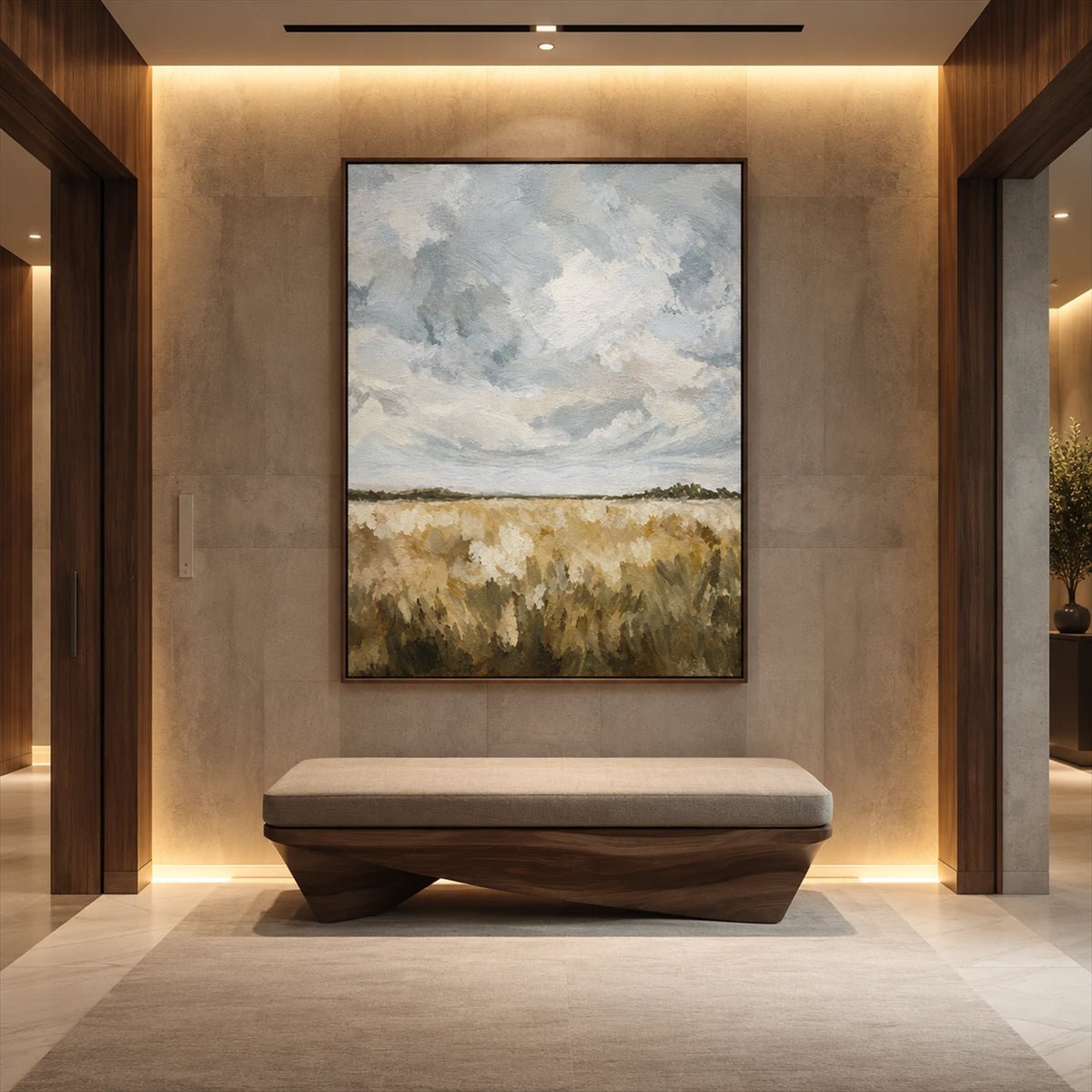 Cloudfield Stillness artwork displayed above an upholstered hallway bench.