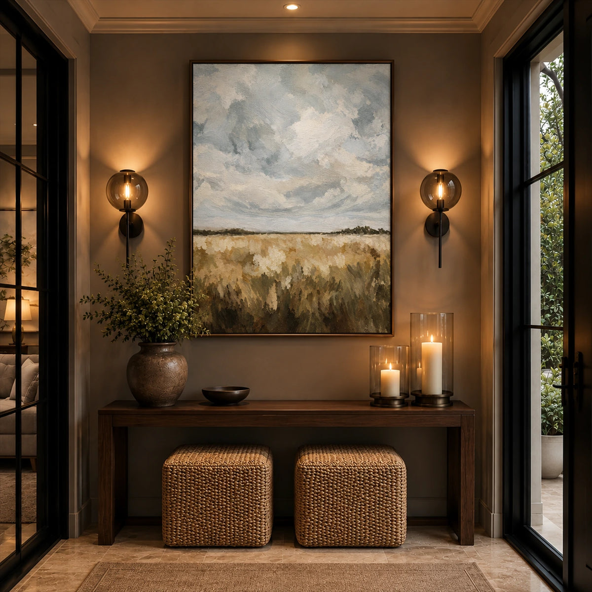 Cloudfield Stillness artwork displayed above a console with woven stools.