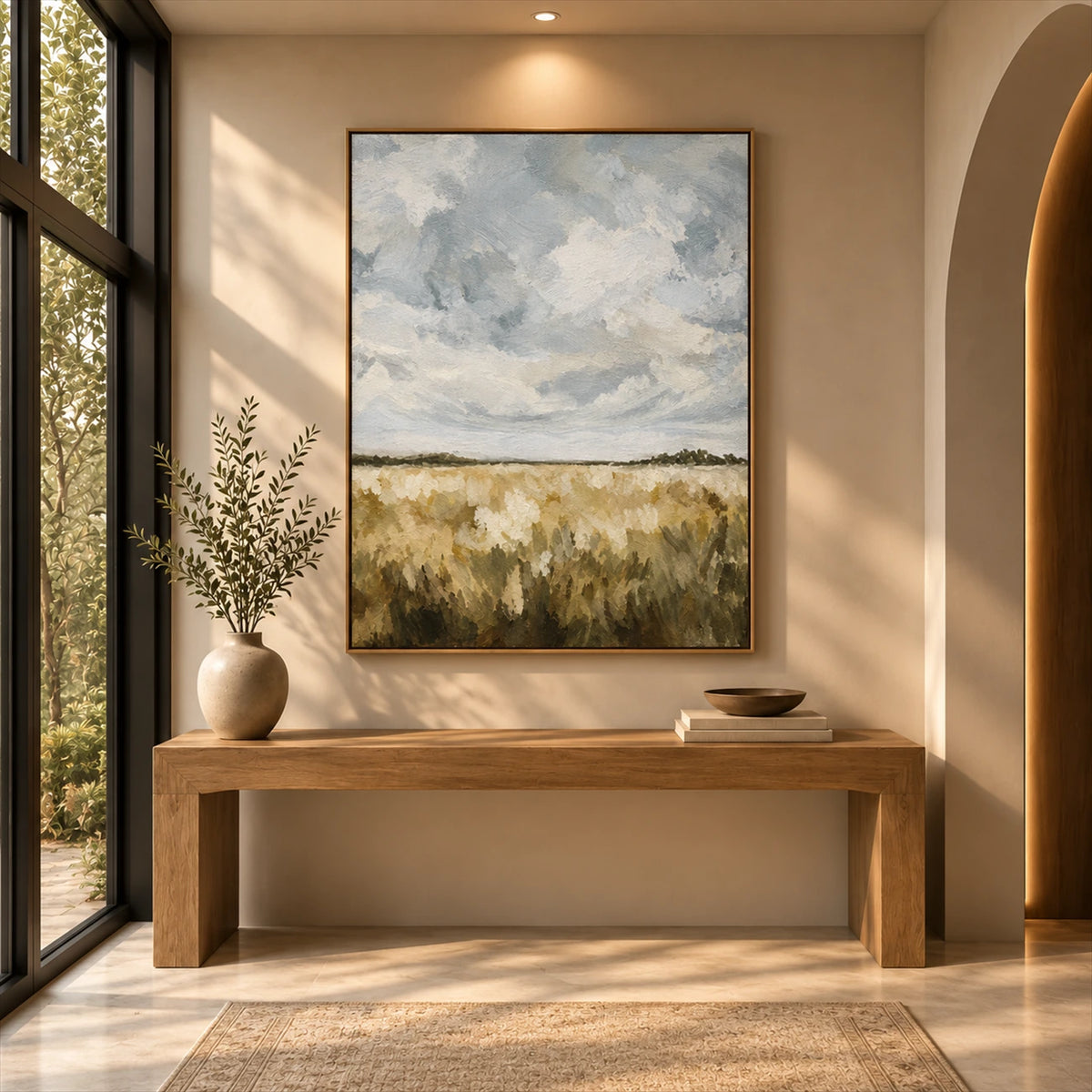 Cloudfield Stillness artwork displayed above a wooden console beside a window.