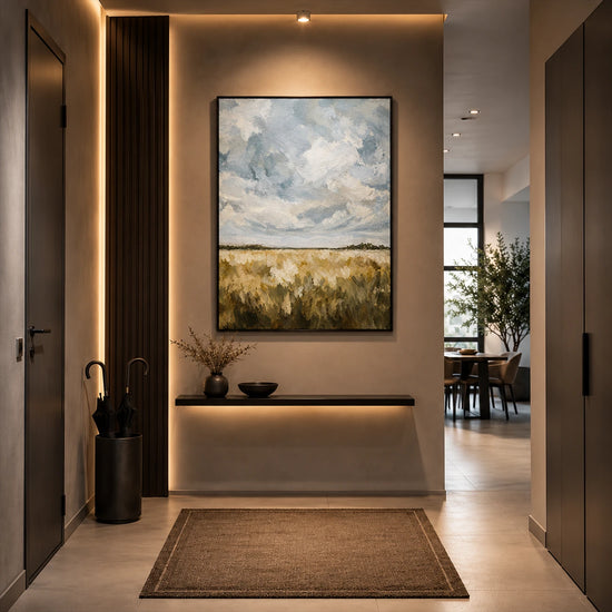 Cloudfield Stillness artwork displayed above a floating entryway shelf.