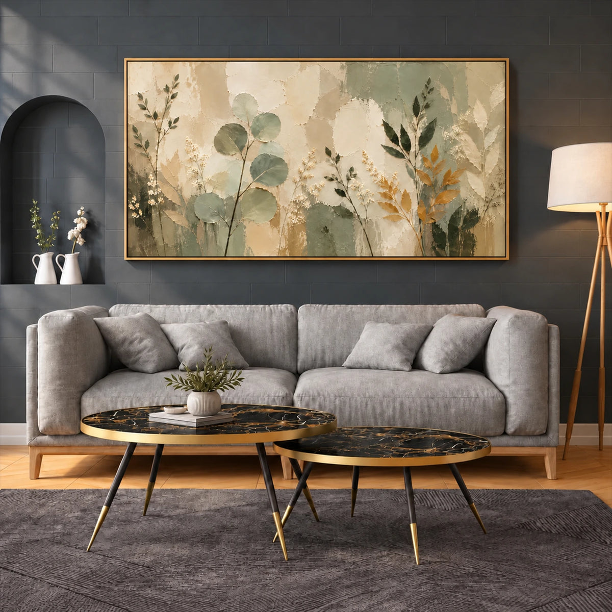 Sage Herbarium artwork displayed above a gray sofa.