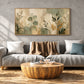 Sage Herbarium artwork displayed above a white sofa and round wooden table.
