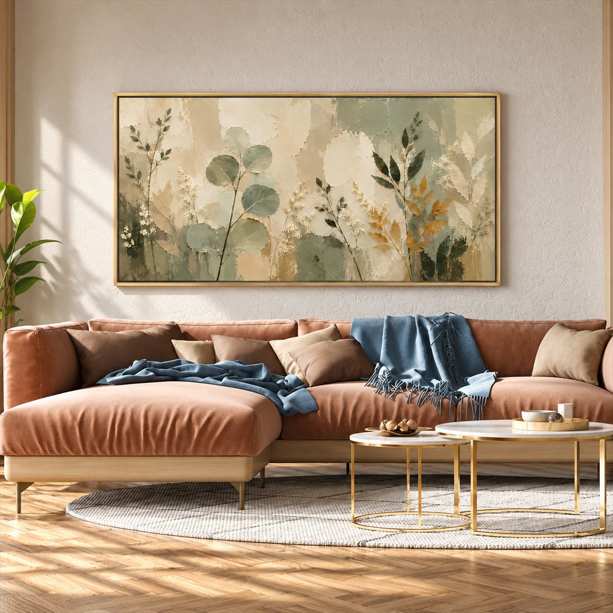 Sage Herbarium artwork displayed above a rust-colored curved sofa.