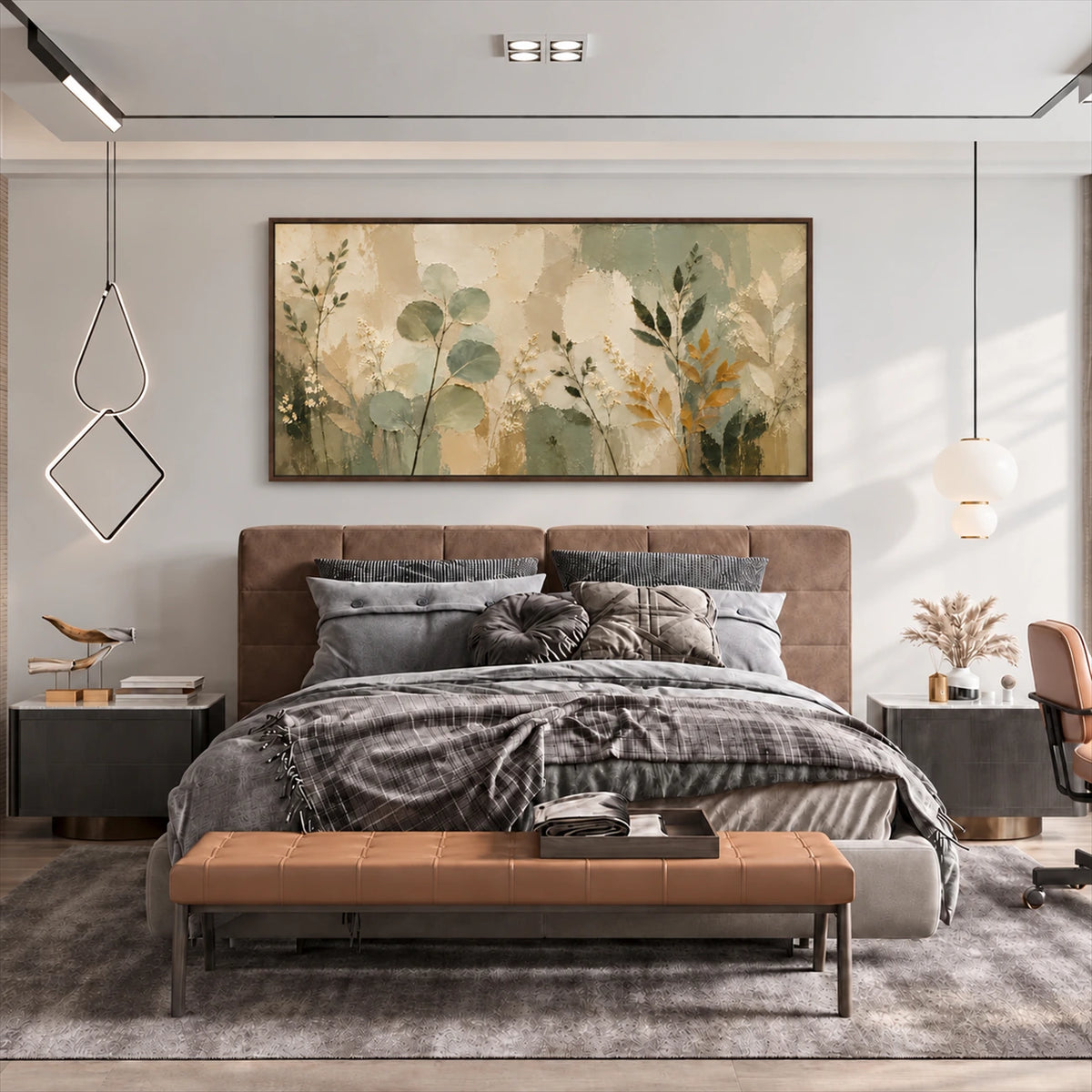 Sage Herbarium artwork displayed above a brown upholstered headboard.