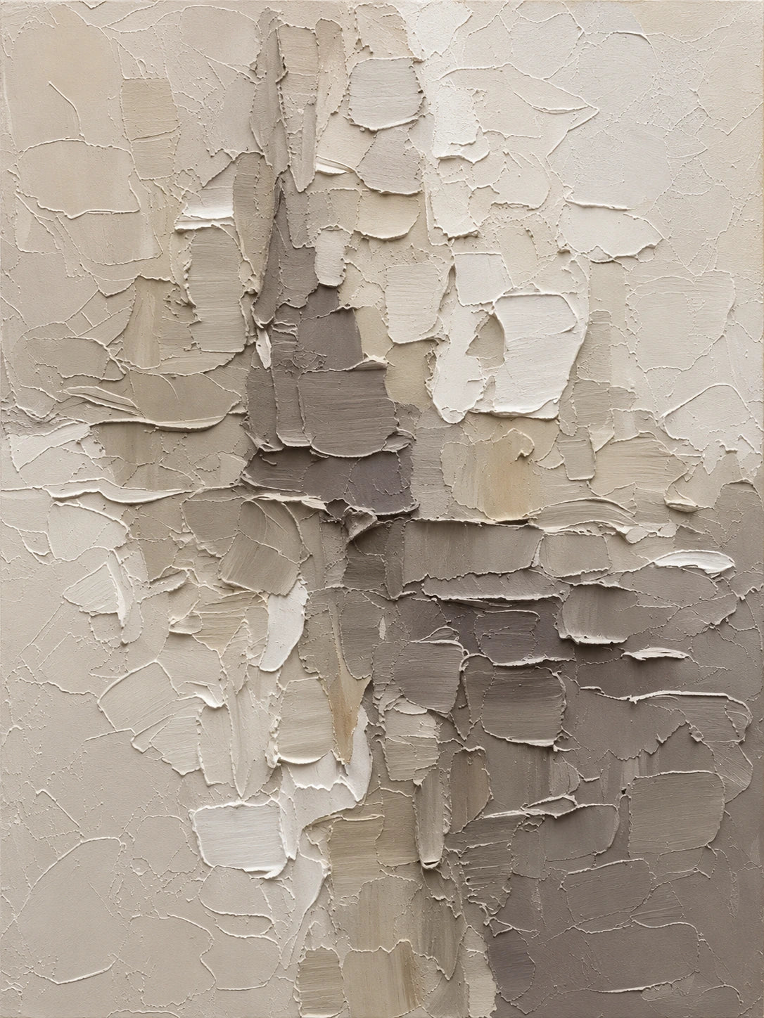 Ivory Fragments full artwork. Thick ivory, taupe, and gray strokes gather into an irregular cluster against a pale ground.