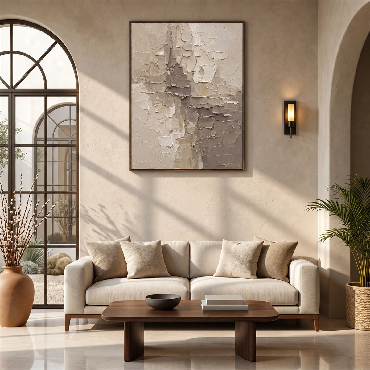 Ivory Fragments artwork displayed above a cream sofa near an arched window.