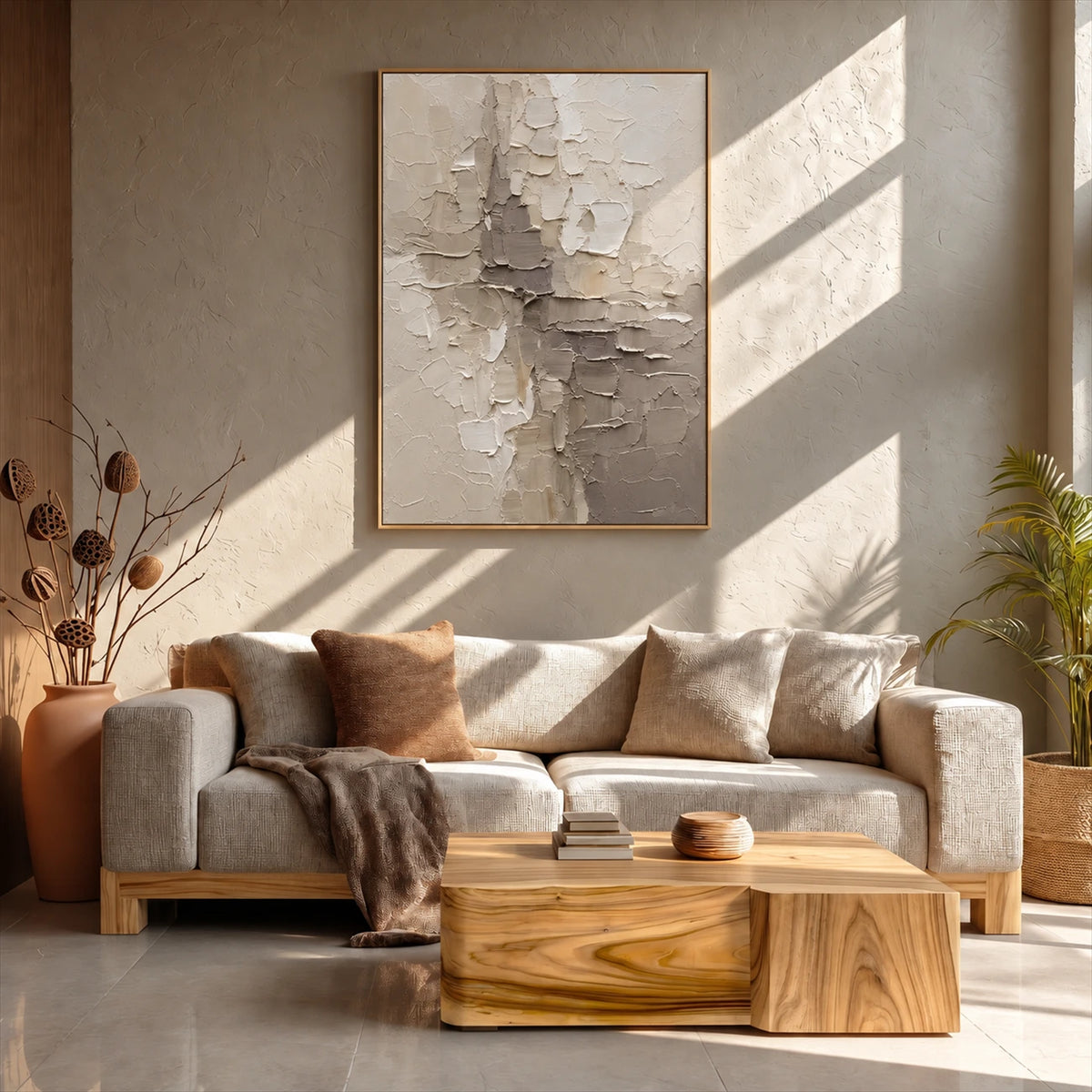 Ivory Fragments artwork displayed above a cream sofa and wooden table.
