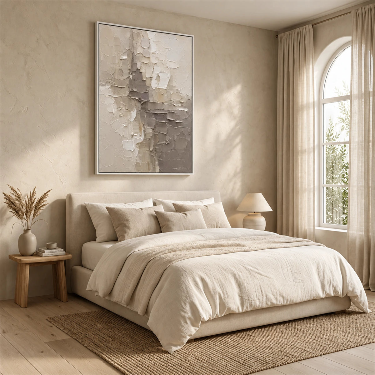 Ivory Fragments artwork displayed above a cream upholstered bed.