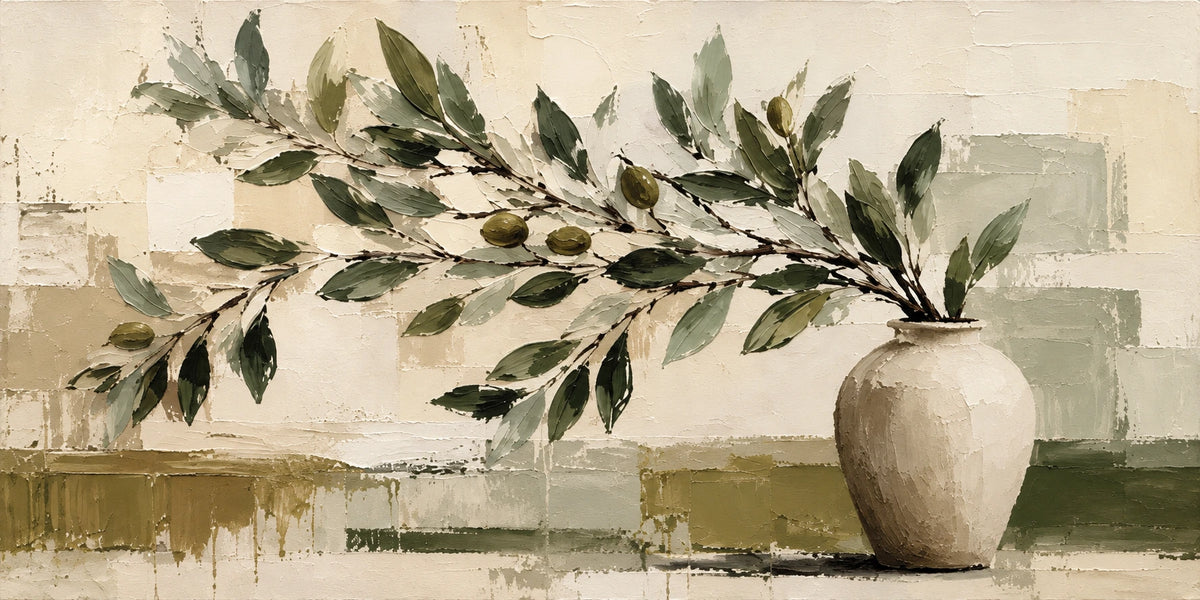 Olive Vessel full artwork. A pale rounded vase holds an olive branch that stretches across soft blocks of cream, sage, and ochre.