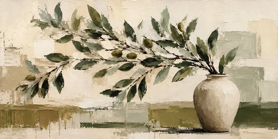 Olive Vessel full artwork. A pale rounded vase holds an olive branch that stretches across soft blocks of cream, sage, and ochre.