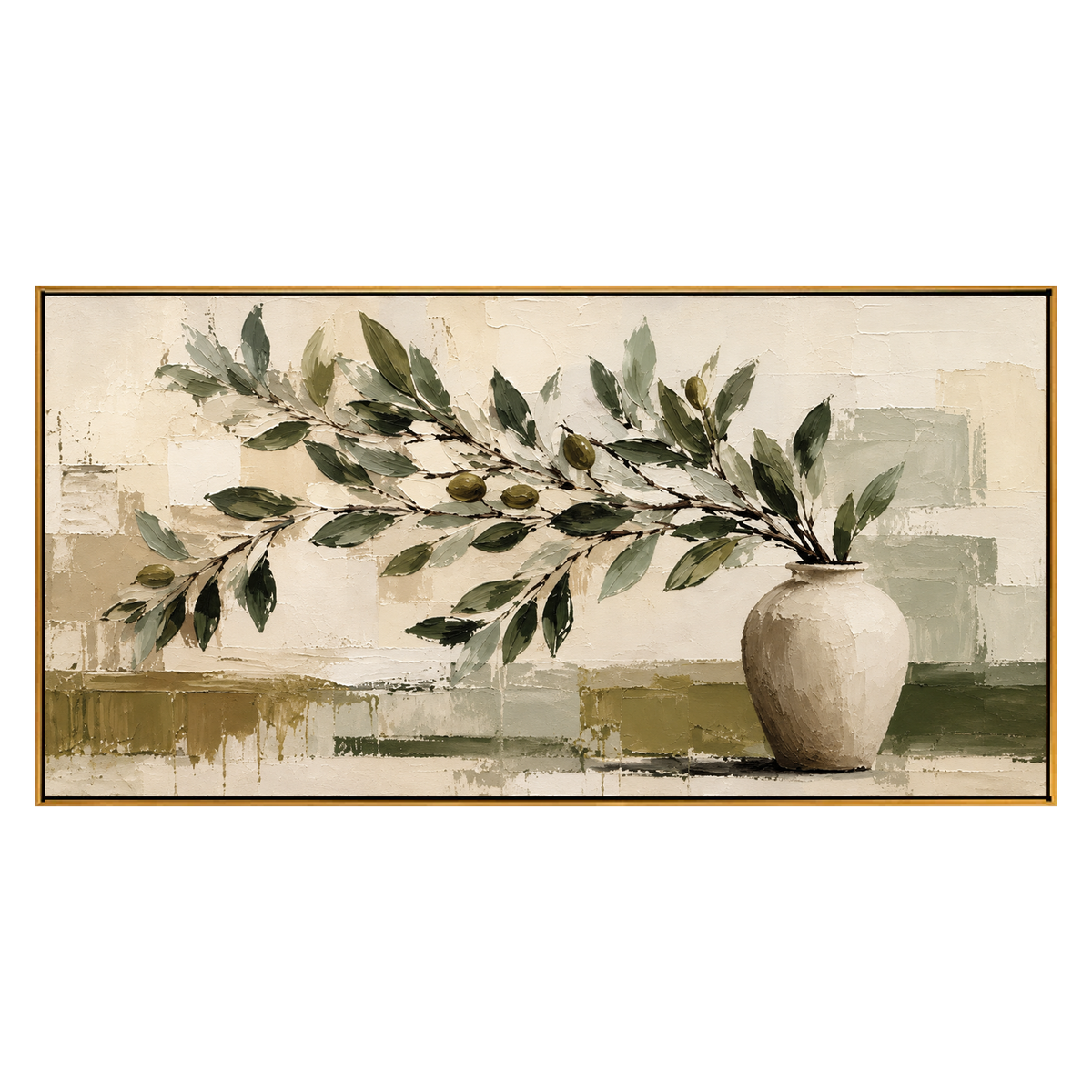 Olive Vessel artwork in a natural wood frame on a transparent background.