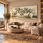 Olive Vessel artwork displayed above a cream sectional.