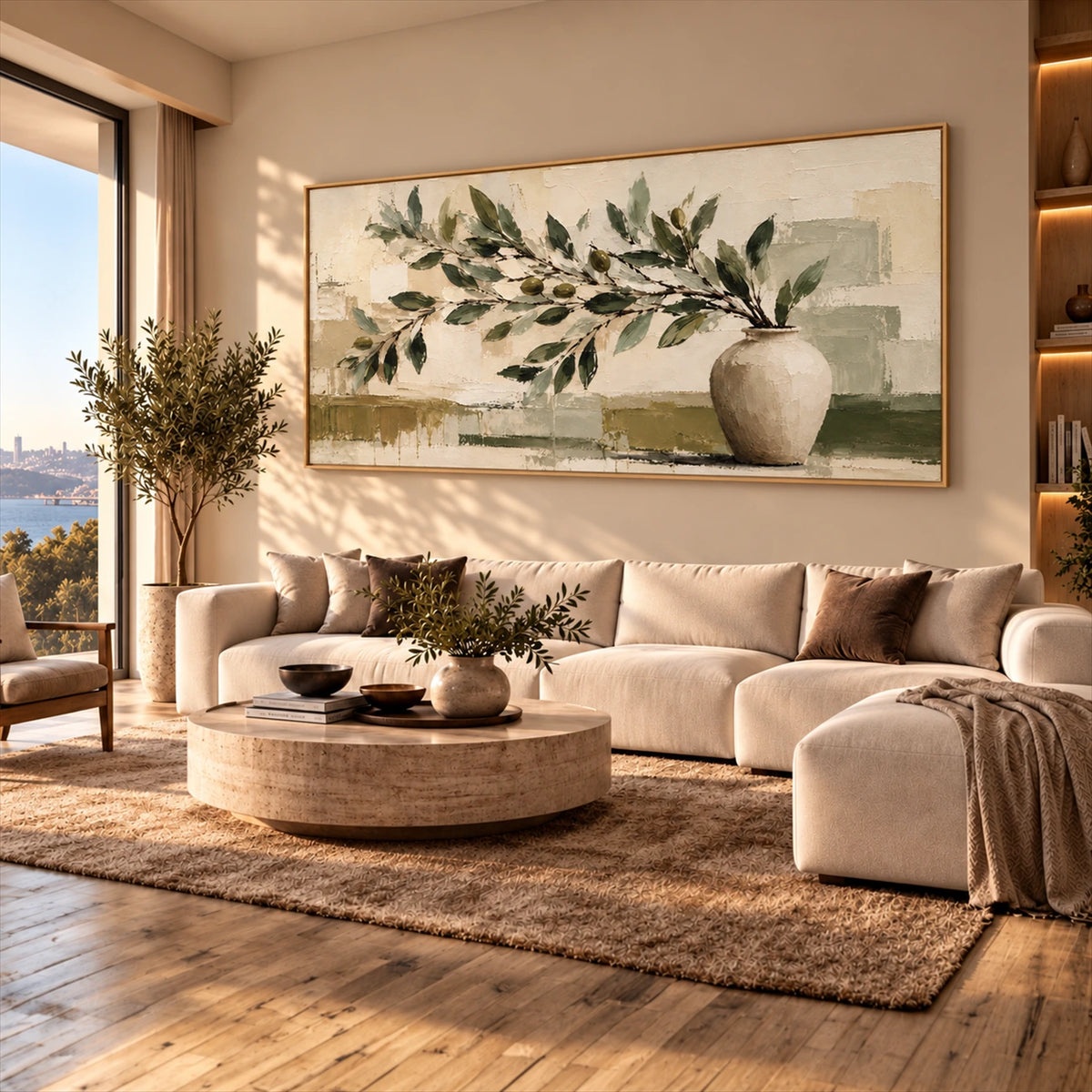 Olive Vessel artwork displayed above a cream sectional.