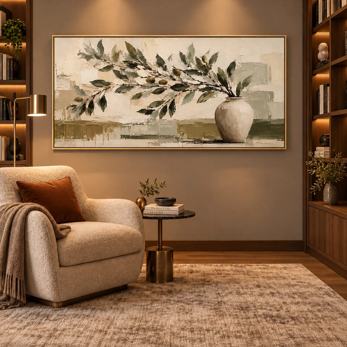 Olive Vessel artwork displayed above a cream armchair.