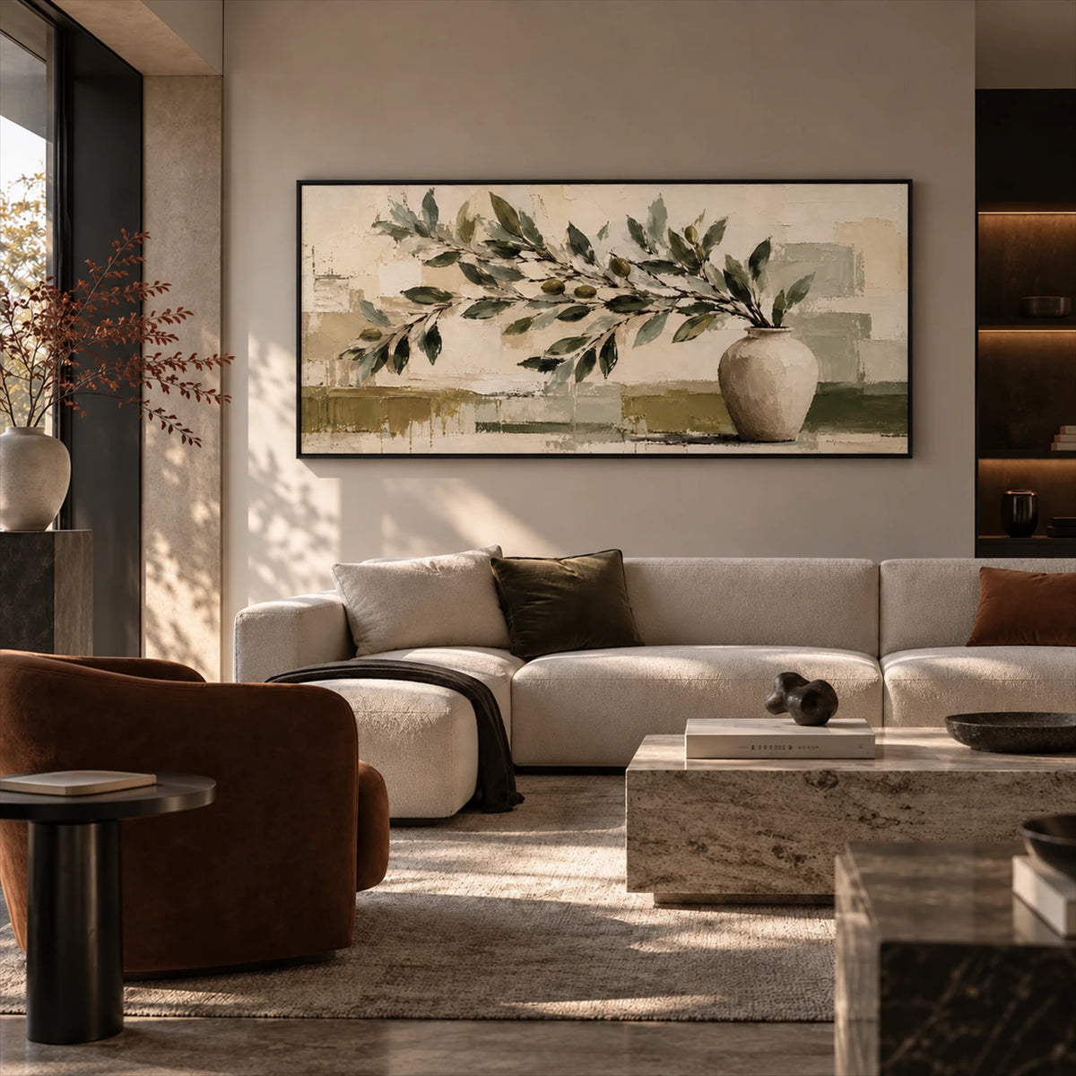Olive Vessel artwork displayed above a cream sofa and stone table.