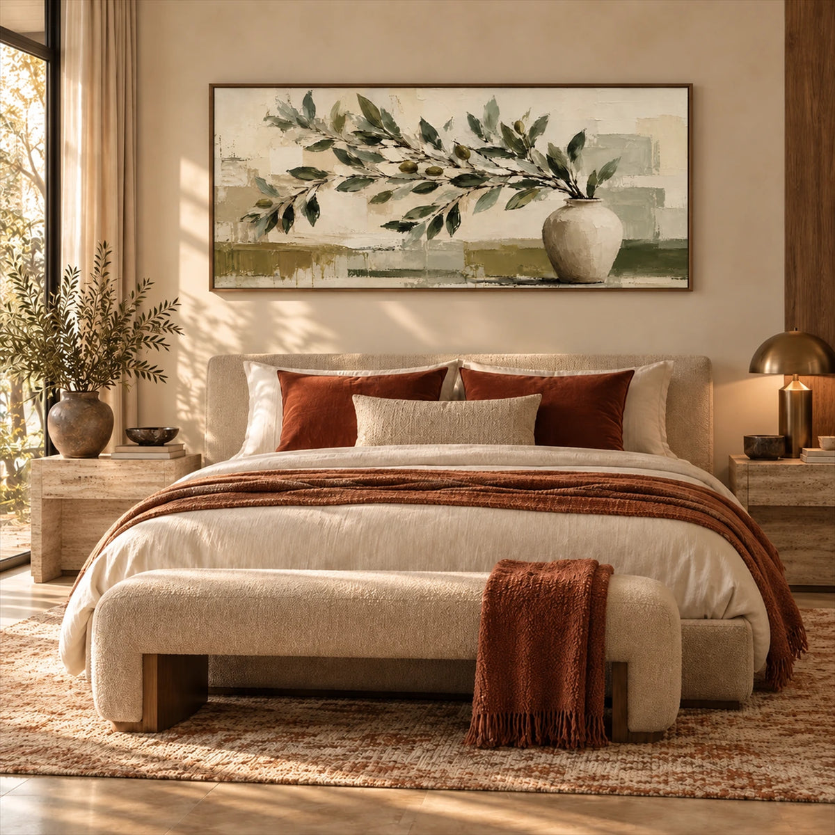 Olive Vessel artwork displayed above a bed with a rust-colored throw.
