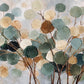 Eucalyptus Drift full artwork. Clusters of rounded leaves in sage, teal, cream, and muted gold rise from slender brown stems.