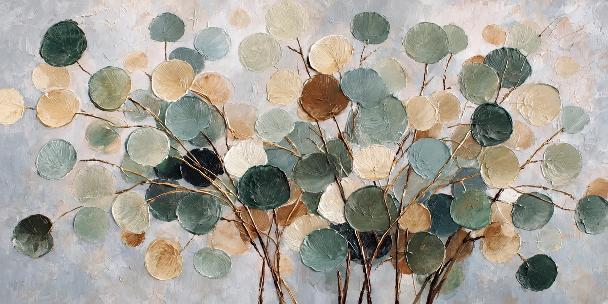 Eucalyptus Drift full artwork. Clusters of rounded leaves in sage, teal, cream, and muted gold rise from slender brown stems.