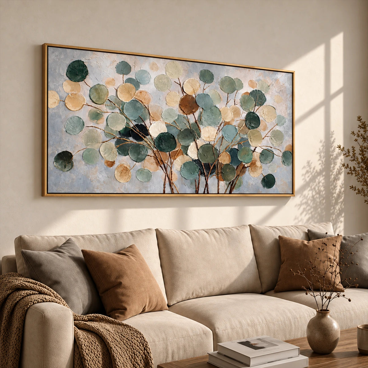 Eucalyptus Drift artwork displayed above a cream sofa.