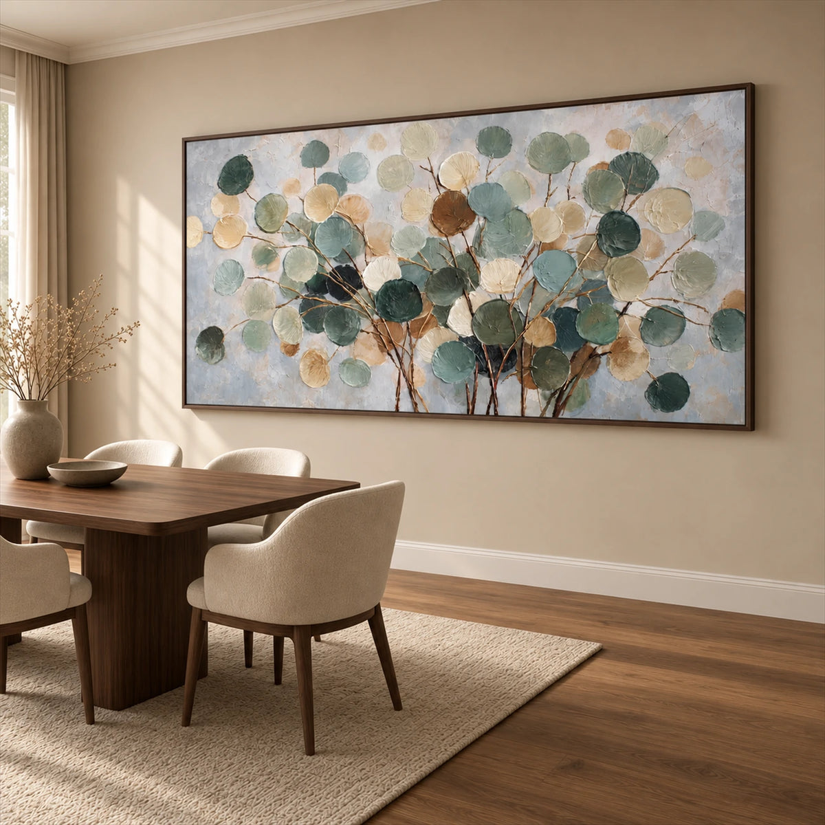 Eucalyptus Drift artwork displayed above a wooden desk and cream chair.