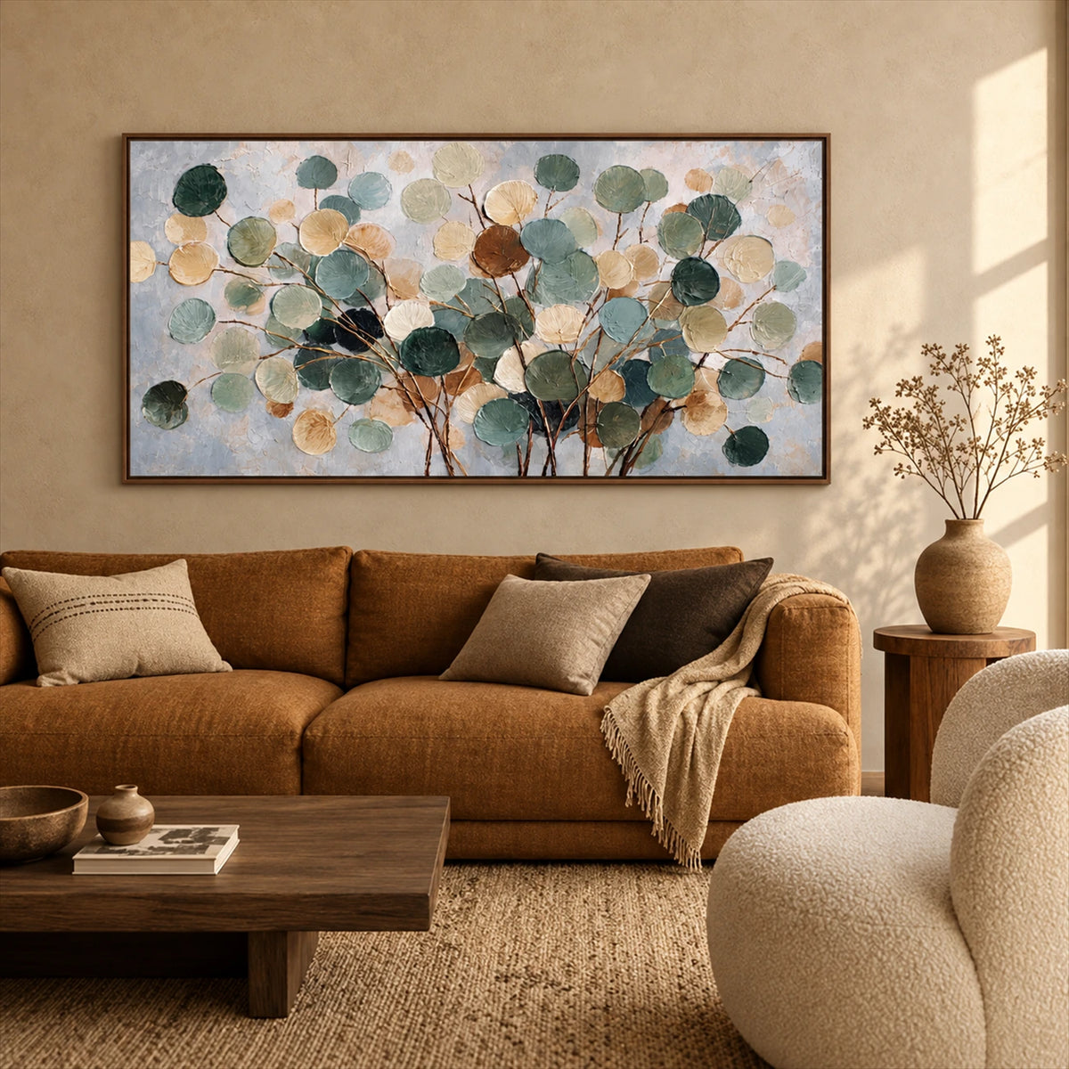 Eucalyptus Drift artwork displayed above a brown sofa.