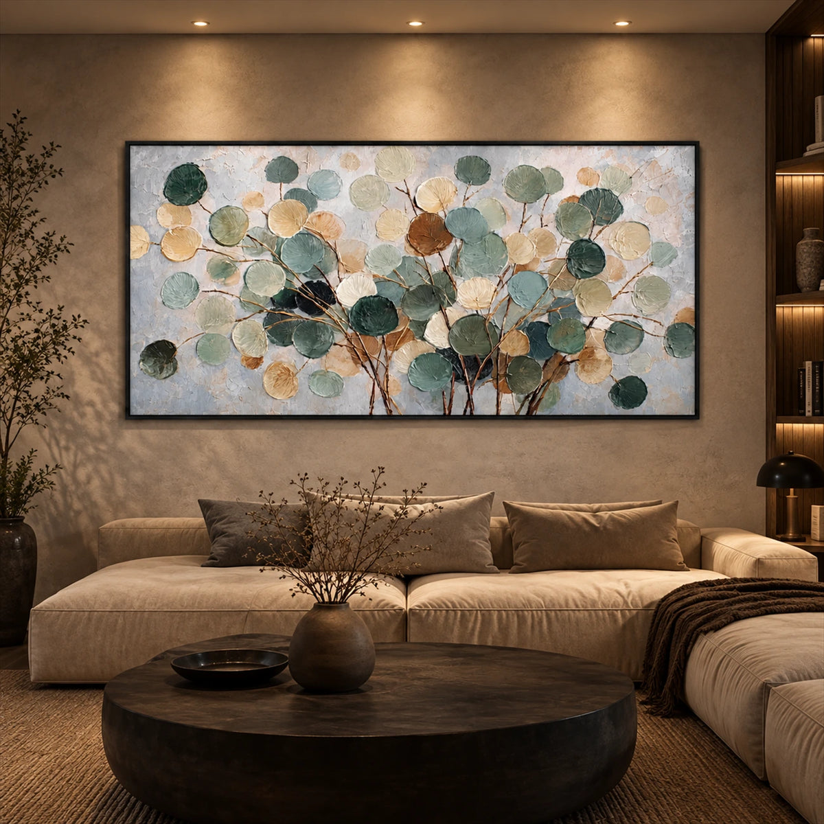 Eucalyptus Drift artwork displayed above a low cream sofa.