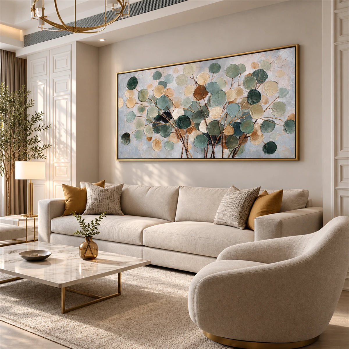 Eucalyptus Drift artwork displayed above a cream sofa beside an armchair.